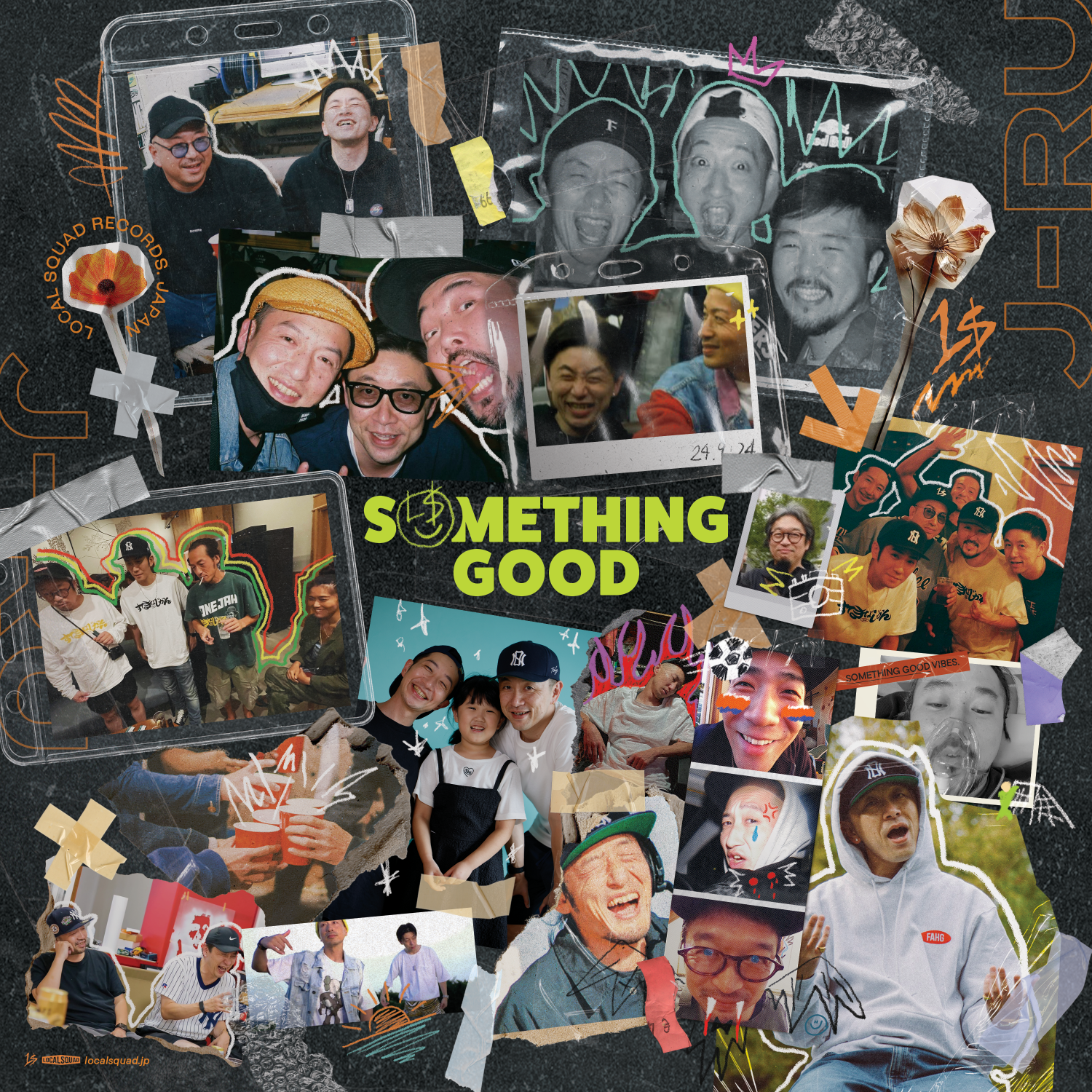 日常の人物写真をコラージュし、Something GoodとJ-RUの文字を配したアルバムジャケット